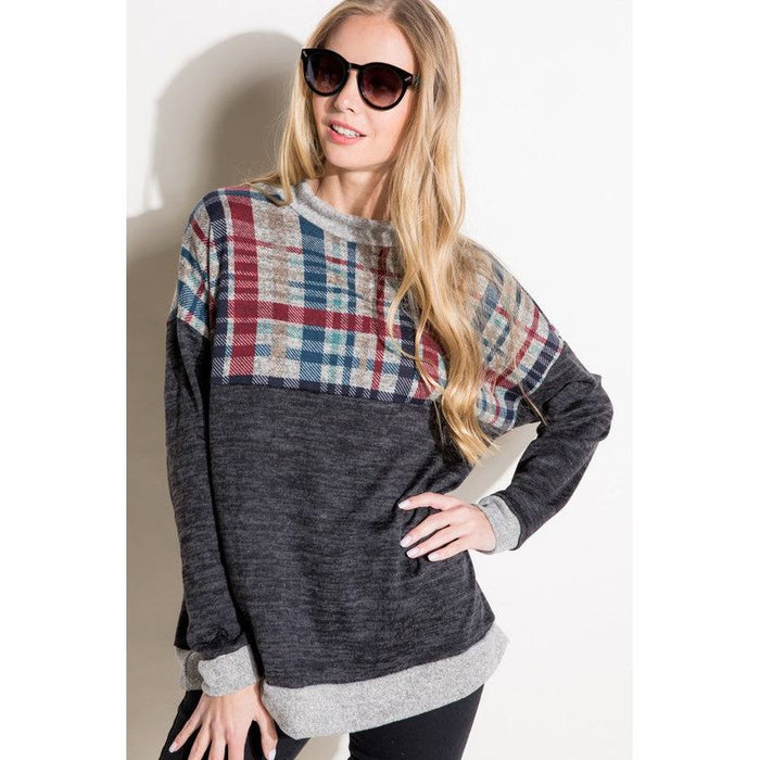 Plus Solid Plaid Mock Neck Top