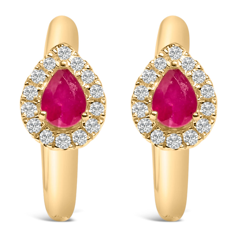 Bids.com 10K Yellow Gold Pear Cut Red Ruby 4x3 mm and 1/10 Cttw Round Diamond Huggy Earrings (I-J Color, I1-I2 Clarity) Earrings