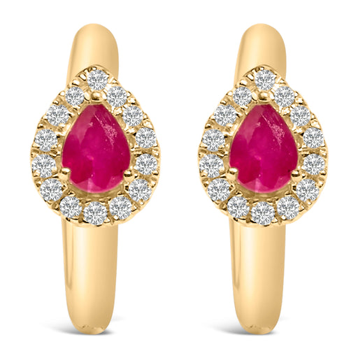 Bids.com 10K Yellow Gold Pear Cut Red Ruby 4x3 mm and 1/10 Cttw Round Diamond Huggy Earrings (I-J Color, I1-I2 Clarity) Earrings