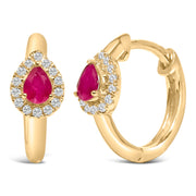 Bids.com 10K Yellow Gold Pear Cut Red Ruby 4x3 mm and 1/10 Cttw Round Diamond Huggy Earrings (I-J Color, I1-I2 Clarity) Earrings