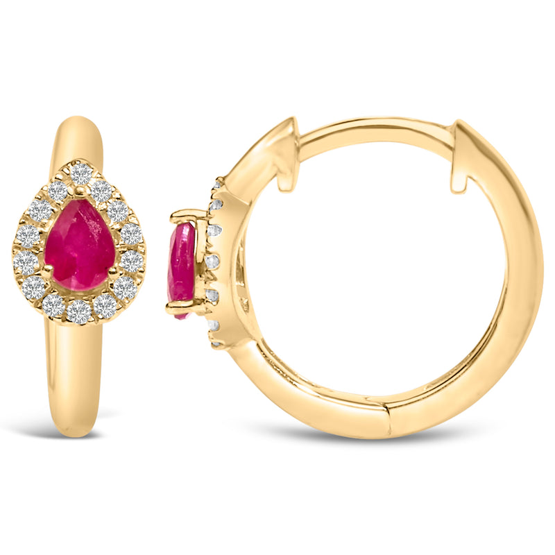 Bids.com 10K Yellow Gold Pear Cut Red Ruby 4x3 mm and 1/10 Cttw Round Diamond Huggy Earrings (I-J Color, I1-I2 Clarity) Earrings