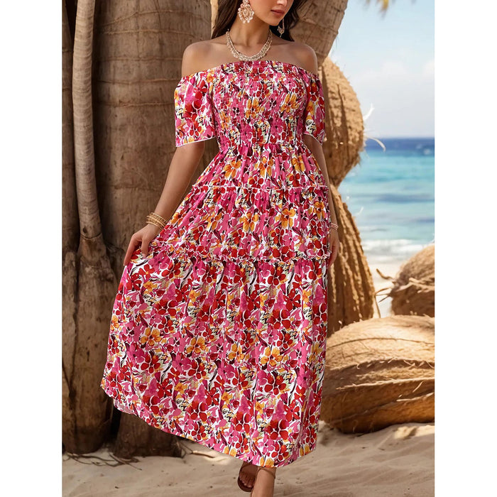 Slit Floral Off-Shoulder Short Sleeve Dress