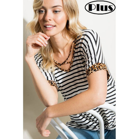 Plus Stripe Animal V Neck Loose Top