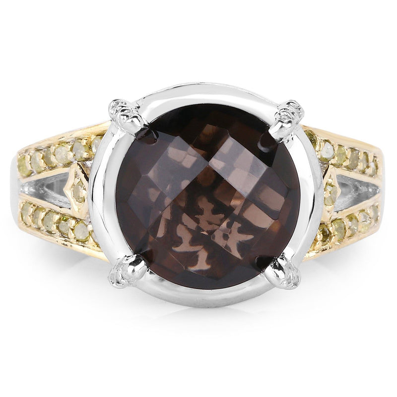 Bids.com 3.28 Carat Genuine Smoky Quartz, Yellow Diamond & White Diamond .925 Sterling Silver Ring Rings