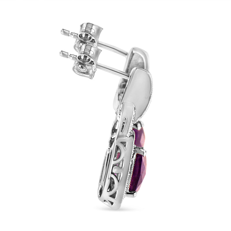 Bids.com .925 Sterling Silver 8MM Natural Cushion Shaped Amethyst and Diamond Accent Halo with Push Back Dangle Earrings (I-J Color, I2-I3 Clarity) Earrings