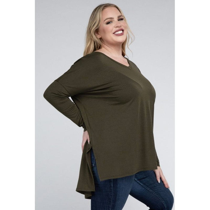 Plus Dolman Sleeve V-Neck Side Slit Hi-Low Hem Top