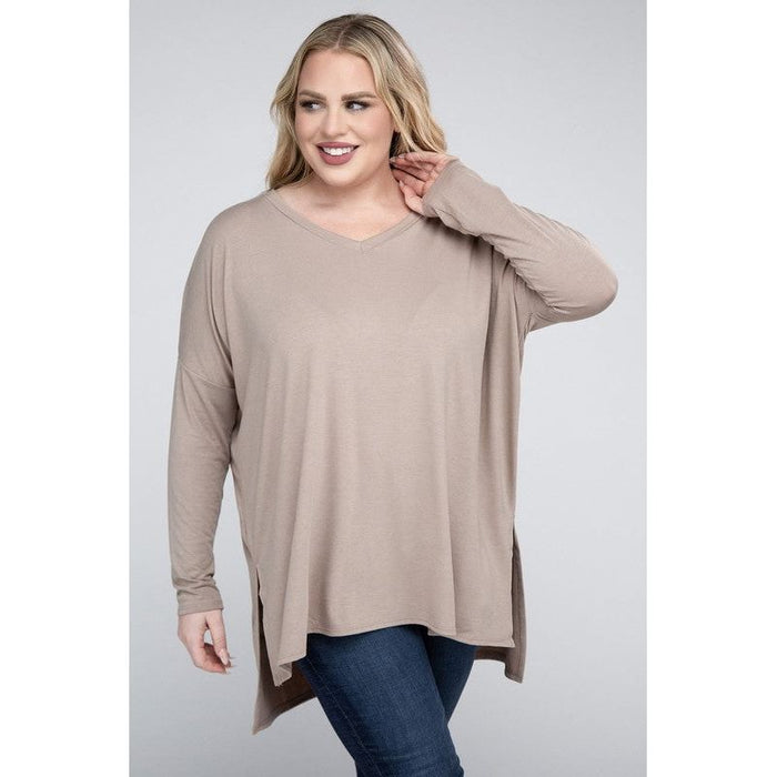 Plus Dolman Sleeve V-Neck Side Slit Hi-Low Hem Top