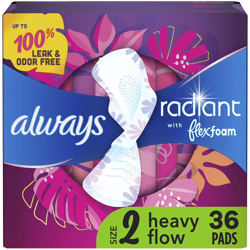 Always Always Radiant FlexFoam Pads, Size 2 Heavy Flow 3 Packs of 36 Feminine Pads & Protectors