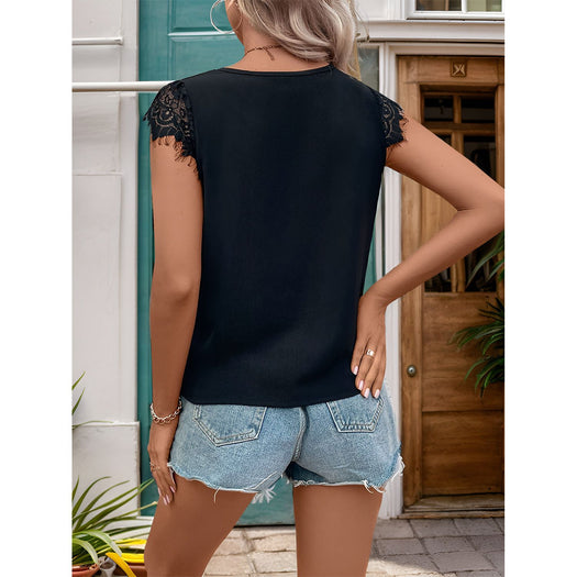 Lace Detail V-Neck Cap Sleeve T-Shirt