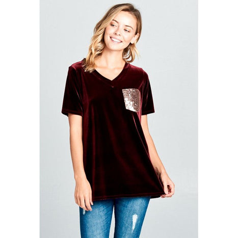 VELVET SEQUINCE POCKET BOXY TOP