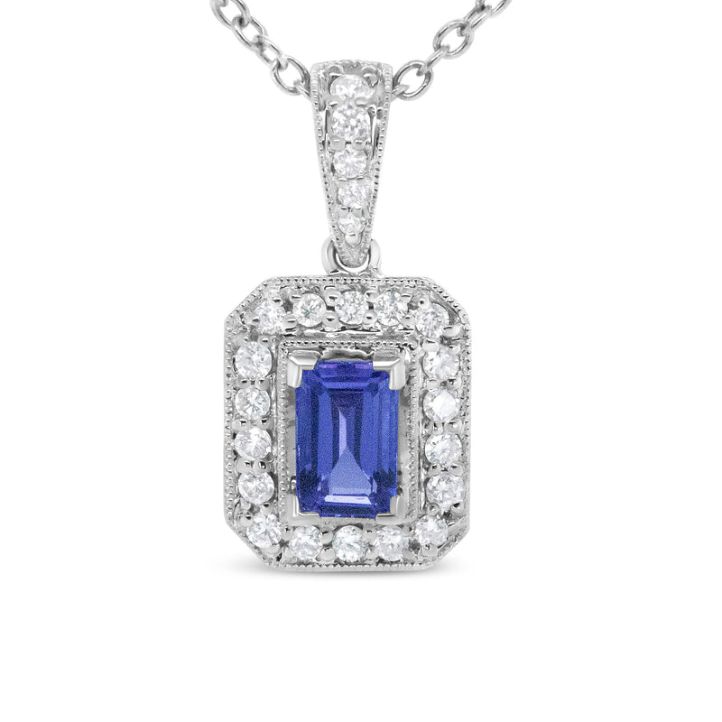 Bids.com 18K White Gold 1/4 Cttw Round Diamond and 6x4mm Purple Tanzanite Halo 18" Pendant Necklace (H-I Color, VS1-VS2 Clarity) Necklaces