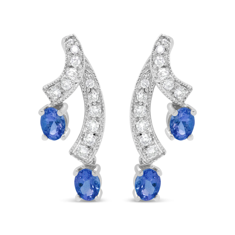 Bids.com 14K White Gold 4x3MM Oval Shaped Natural Blue Tanzanite Gemstone and 1/5 Cttw Diamond Double 3/4" Inch Drop Stud Earrings (H-I Color, VS1-VS2 Clarity) Earrings