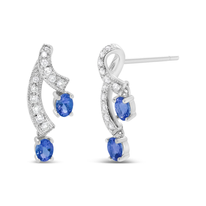 Bids.com 14K White Gold 4x3MM Oval Shaped Natural Blue Tanzanite Gemstone and 1/5 Cttw Diamond Double 3/4" Inch Drop Stud Earrings (H-I Color, VS1-VS2 Clarity) Earrings