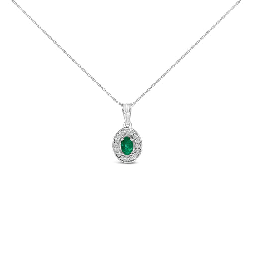 Bids.com 14K White Gold Oval 6x4 MM Green Emerald and Diamond Halo Pendant Necklace - 18 inch Necklaces