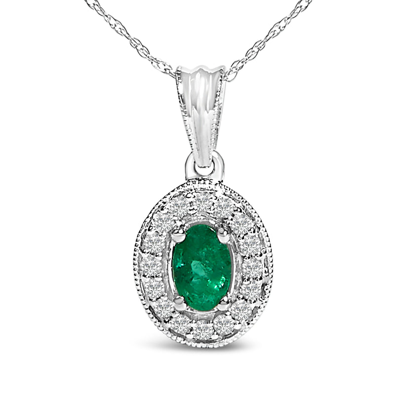 Bids.com 14K White Gold Oval 6x4 MM Green Emerald and Diamond Halo Pendant Necklace - 18 inch Necklaces