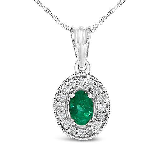 Bids.com 14K White Gold Oval 6x4 MM Green Emerald and Diamond Halo Pendant Necklace - 18 inch Necklaces