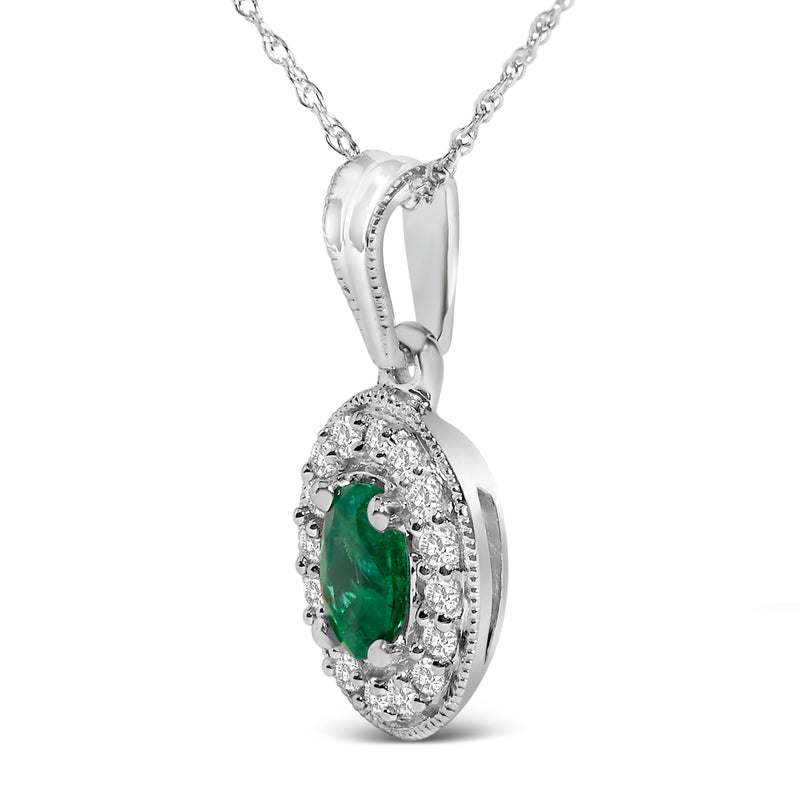 Bids.com 14K White Gold Oval 6x4 MM Green Emerald and Diamond Halo Pendant Necklace - 18 inch Necklaces