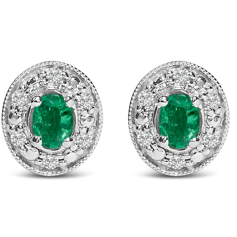 Bids.com 14K White Gold Oval Green Emerald and 1/10 Cttw Diamond Halo Stud Earrings  (I-J Color, I1-I2 Clarity) Earrings