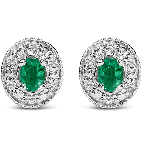 Bids.com 14K White Gold Oval Green Emerald and 1/10 Cttw Diamond Halo Stud Earrings  (I-J Color, I1-I2 Clarity) Earrings