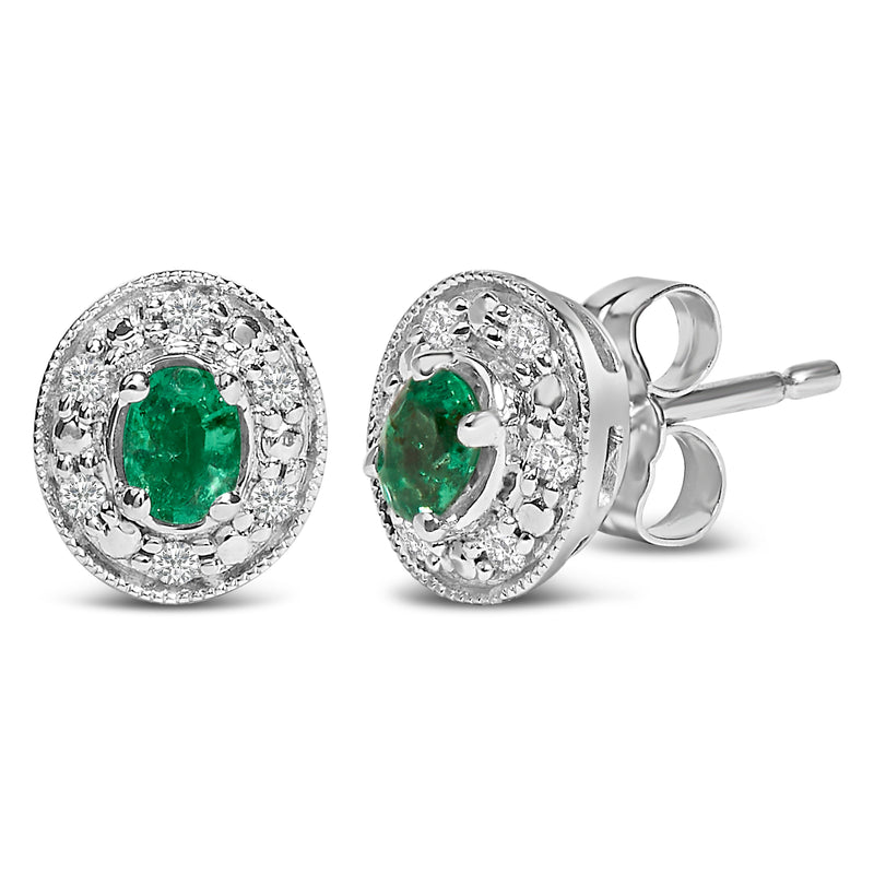 Bids.com 14K White Gold Oval Green Emerald and 1/10 Cttw Diamond Halo Stud Earrings  (I-J Color, I1-I2 Clarity) Earrings