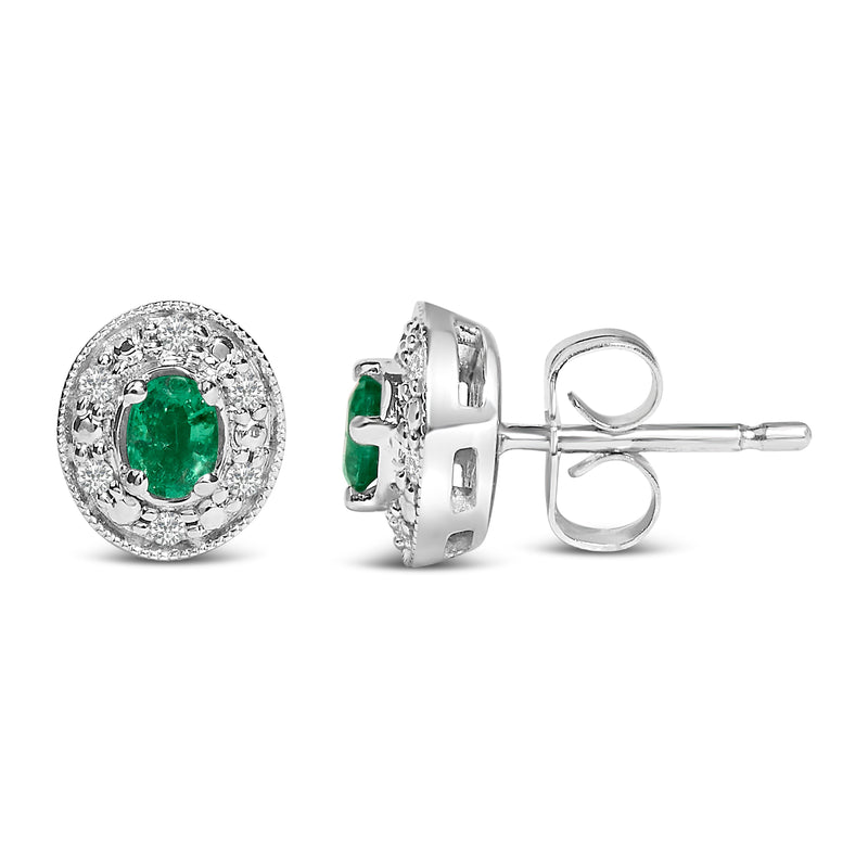 Bids.com 14K White Gold Oval Green Emerald and 1/10 Cttw Diamond Halo Stud Earrings  (I-J Color, I1-I2 Clarity) Earrings