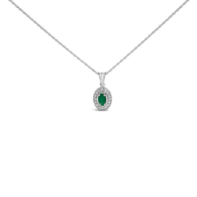 Bids.com 14K White Gold Oval Green Emerald and Diamond Halo Pendant Necklace - 18" Inches Necklaces