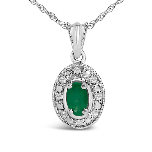 Bids.com 14K White Gold Oval Green Emerald and Diamond Halo Pendant Necklace - 18" Inches Necklaces