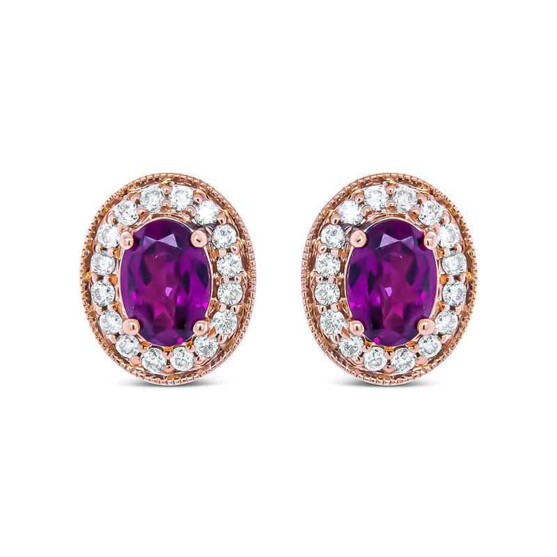 Bids.com 14K Rose Gold 7x5mm Oval Cut Garnet and 3/8 Cttw Round Diamond Halo Stud Earrings (G-H Color, SI1-SI2 Clarity) Earrings
