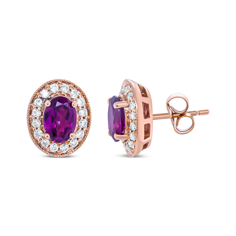 Bids.com 14K Rose Gold 7x5mm Oval Cut Garnet and 3/8 Cttw Round Diamond Halo Stud Earrings (G-H Color, SI1-SI2 Clarity) Earrings