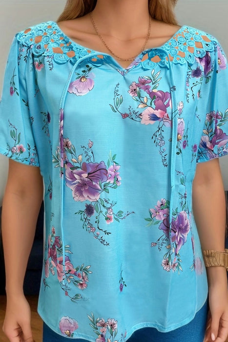 Printed Tie Neck Short Sleeve Blouse