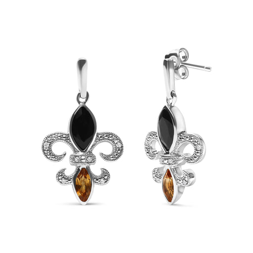Bids.com .925 Sterling Silver Marquise Cut Onyx and Citrine with Diamond Accent Fleur De Lis Drop Stud Earrings (H-I Color, SI1-SI2 Clarity) Earrings