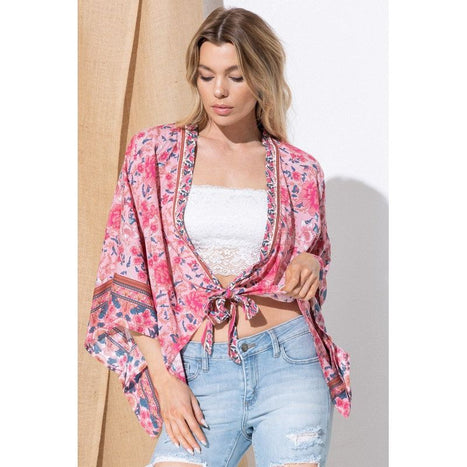 Light Woven Squared Open Kimono Cardigan With Tie