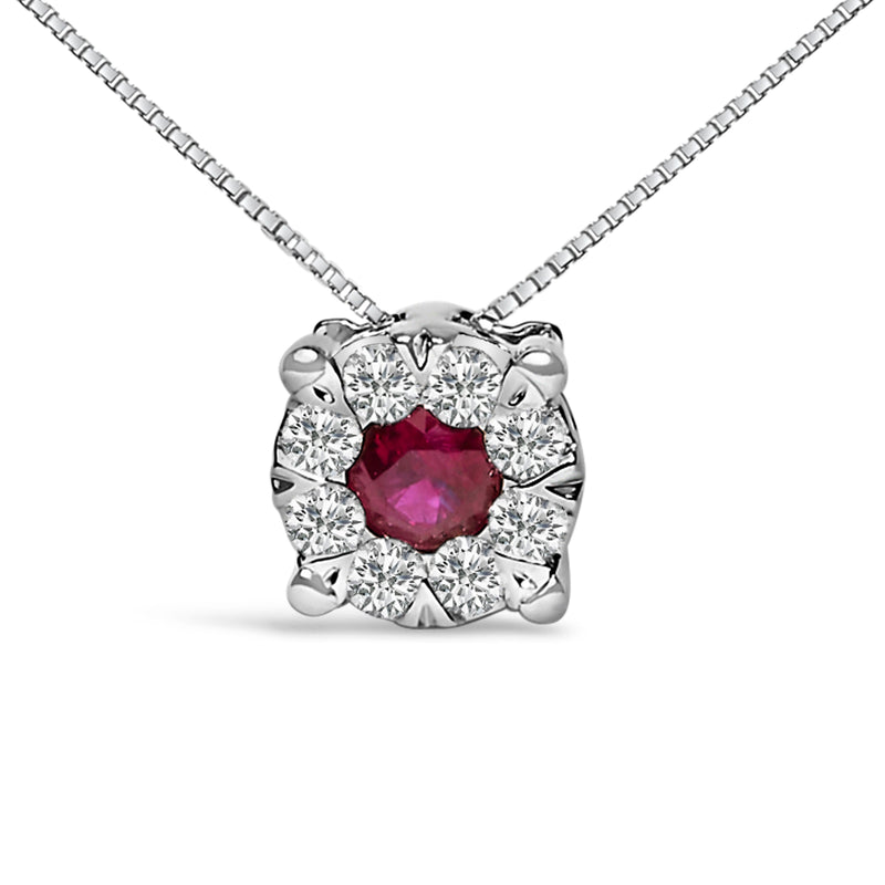 Bids.com 14K White Gold Red Ruby and 1/3 Cttw Diamond Halo Pendant Necklace Necklaces
