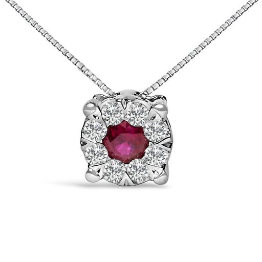 Bids.com 14K White Gold Red Ruby and 1/3 Cttw Diamond Halo Pendant Necklace Necklaces