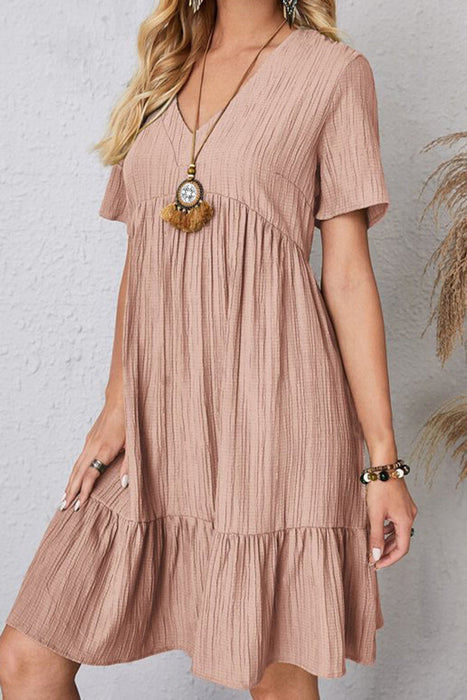 Ruched V-Neck Short Sleeve Dress