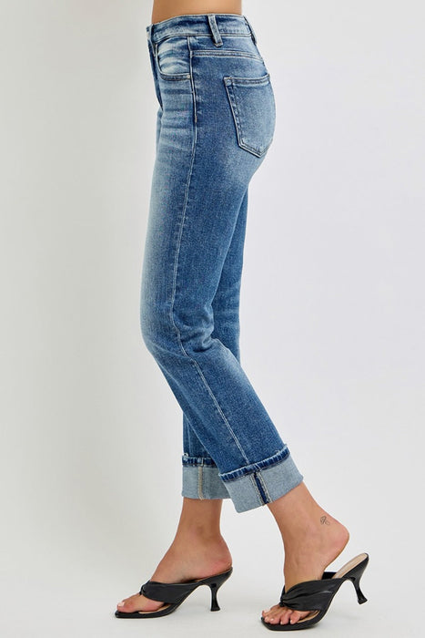 Full Size High Rise Crop Straight Roll Up Jeans