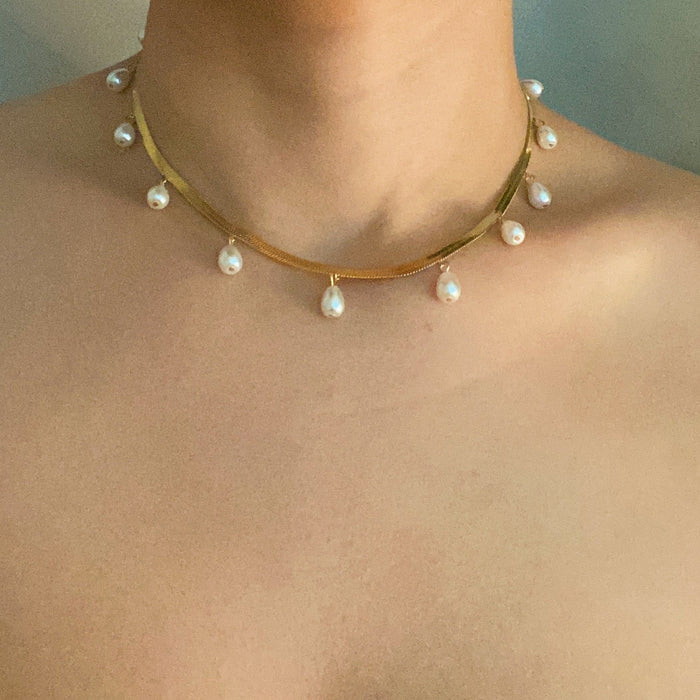 Pearl Drop Herringbone Chain Necklace