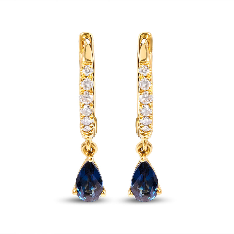 Bids.com 10K Yellow Gold Pear Blue Sapphire and 1/10 Cttw Diamond Drop and Dangle Huggy Hoop Earrings (H-I Color, I1-I2 Clarity) Earrings