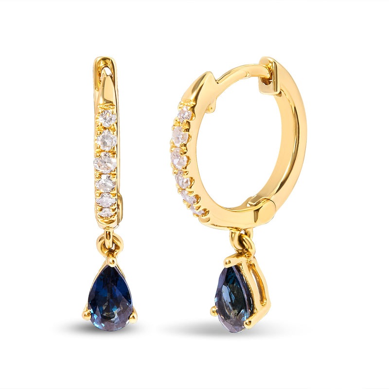 Bids.com 10K Yellow Gold Pear Blue Sapphire and 1/10 Cttw Diamond Drop and Dangle Huggy Hoop Earrings (H-I Color, I1-I2 Clarity) Earrings