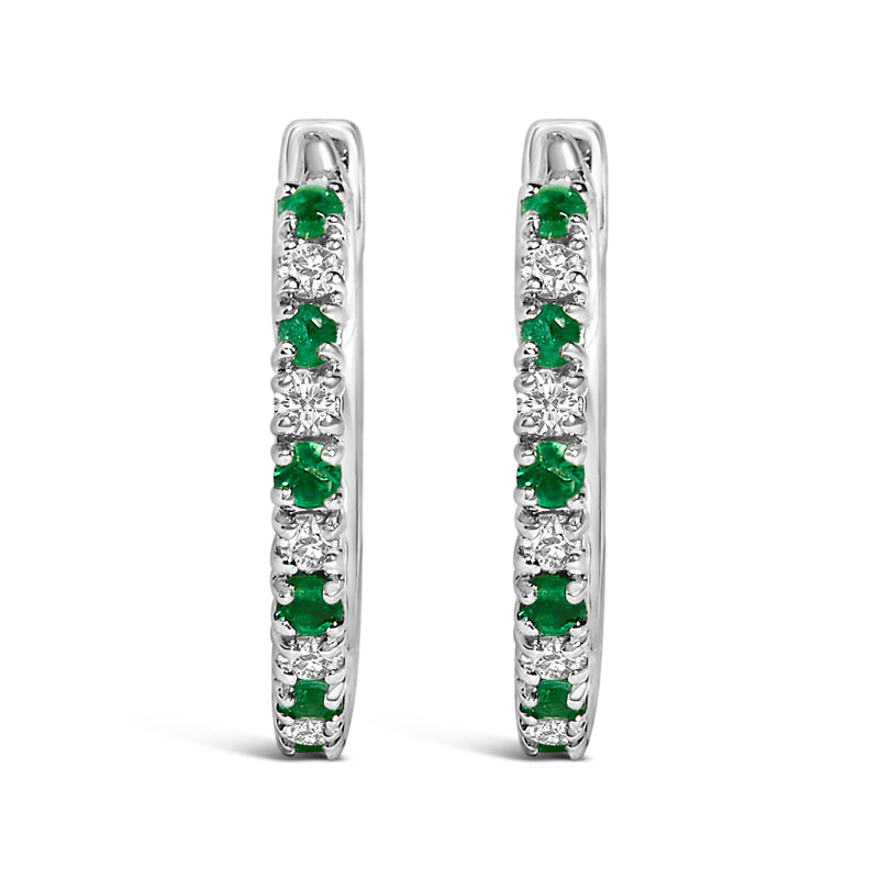 Bids.com 10K White Gold Alternating Emerald 1/10 Cttw Diamond Huggy Hoop Earrings (I-J Color, I1-I2 Clarity) Earrings
