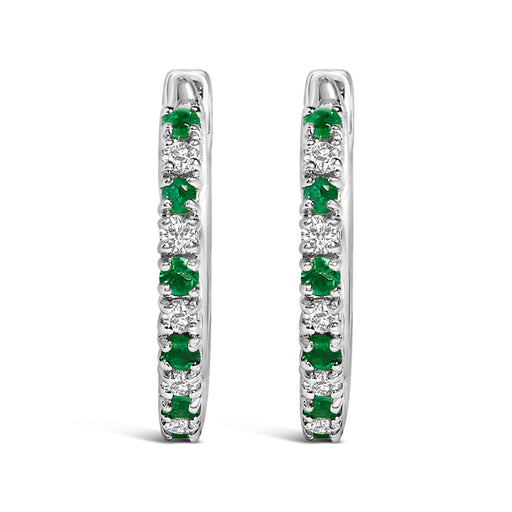 Bids.com 10K White Gold Alternating Emerald 1/10 Cttw Diamond Huggy Hoop Earrings (I-J Color, I1-I2 Clarity) Earrings