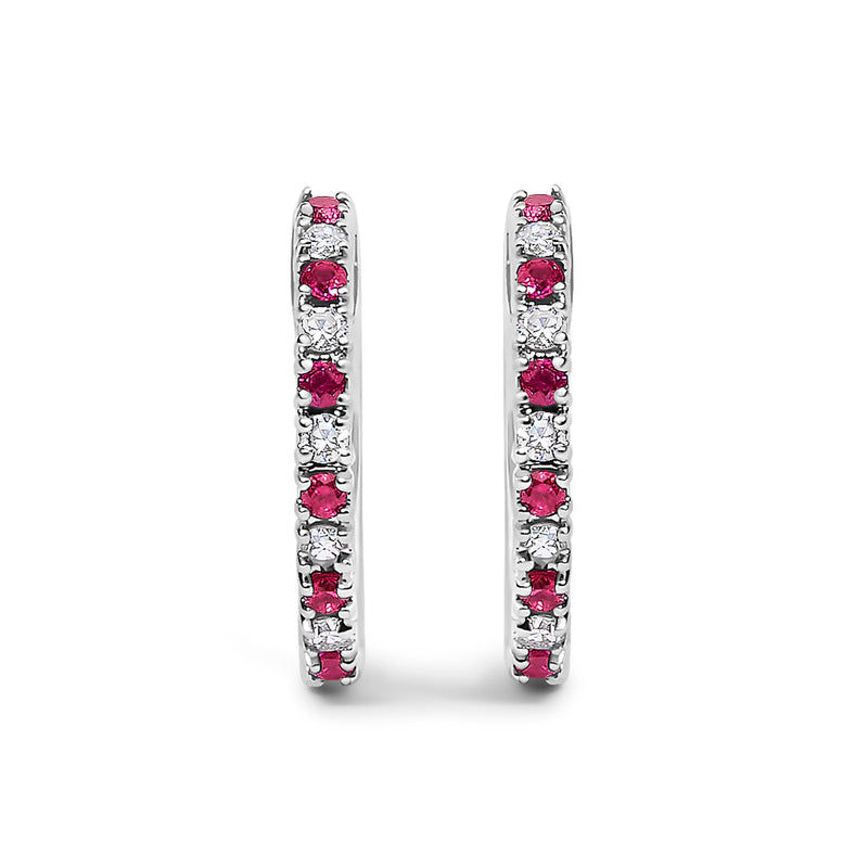 Bids.com 10K White Gold Alternating Diamond and Red Ruby Huggy Hoop Earrings (I-J Color, I1-I2 Clarity) Earrings