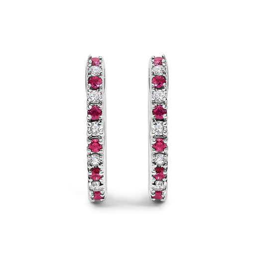 Bids.com 10K White Gold Alternating Diamond and Red Ruby Huggy Hoop Earrings (I-J Color, I1-I2 Clarity) Earrings