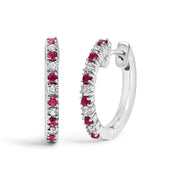 Bids.com 10K White Gold Alternating Diamond and Red Ruby Huggy Hoop Earrings (I-J Color, I1-I2 Clarity) Earrings