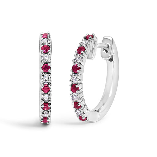 Bids.com 10K White Gold Alternating Diamond and Red Ruby Huggy Hoop Earrings (I-J Color, I1-I2 Clarity) Earrings