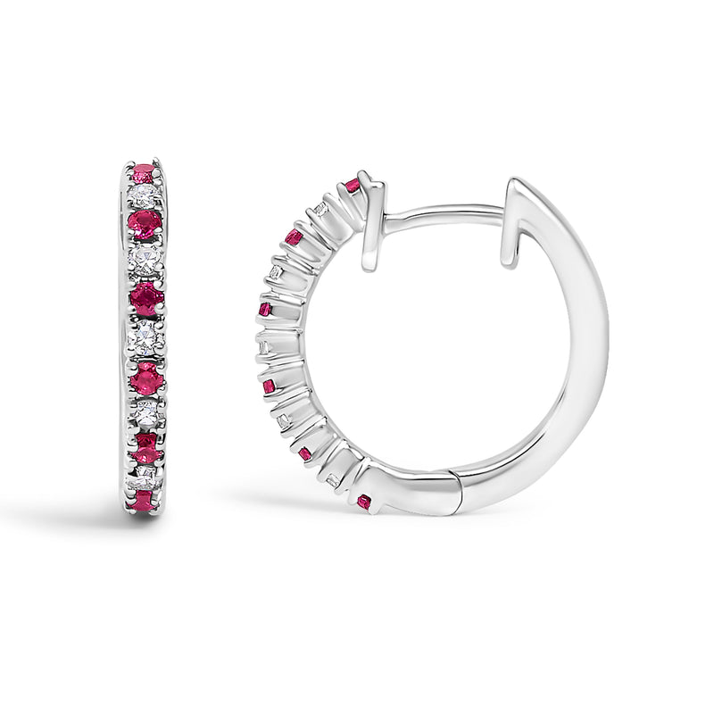 Bids.com 10K White Gold Alternating Diamond and Red Ruby Huggy Hoop Earrings (I-J Color, I1-I2 Clarity) Earrings