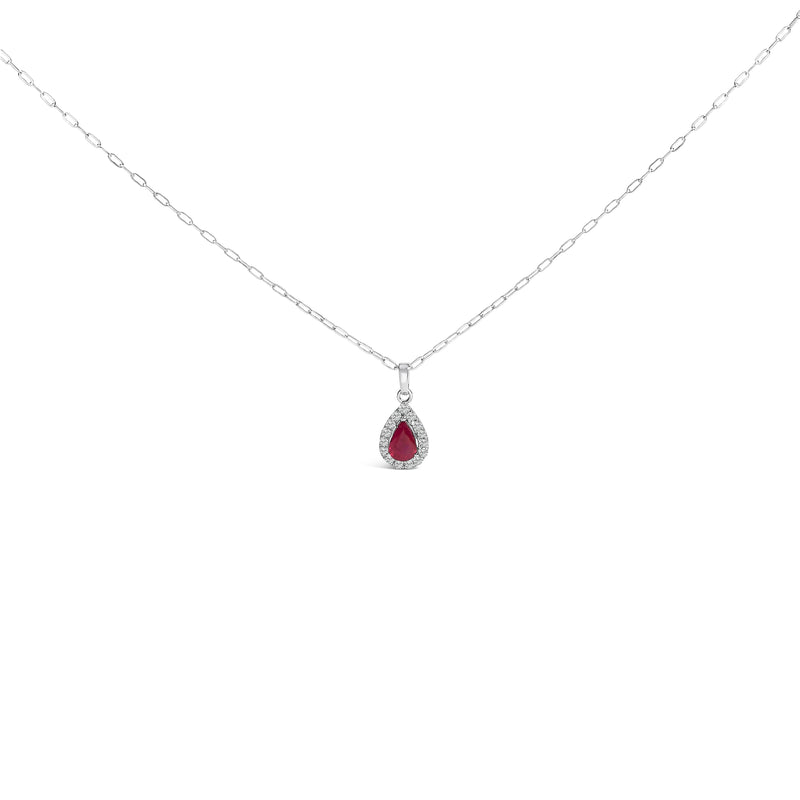 Bids.com 14K White Gold 6x4 Pear Red Ruby and Diamond Halo Pendant Necklace - 18" Inches Necklaces