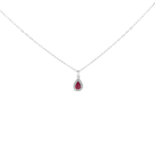 Bids.com 14K White Gold 6x4 Pear Red Ruby and Diamond Halo Pendant Necklace - 18" Inches Necklaces
