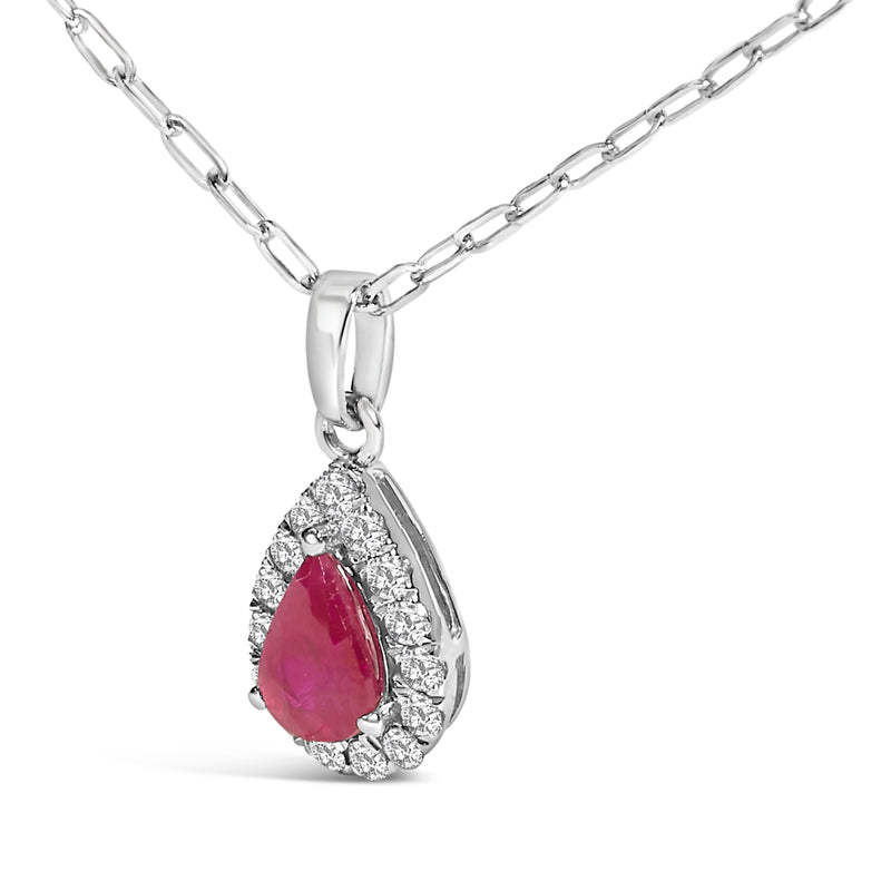 Bids.com 14K White Gold 6x4 Pear Red Ruby and Diamond Halo Pendant Necklace - 18" Inches Necklaces