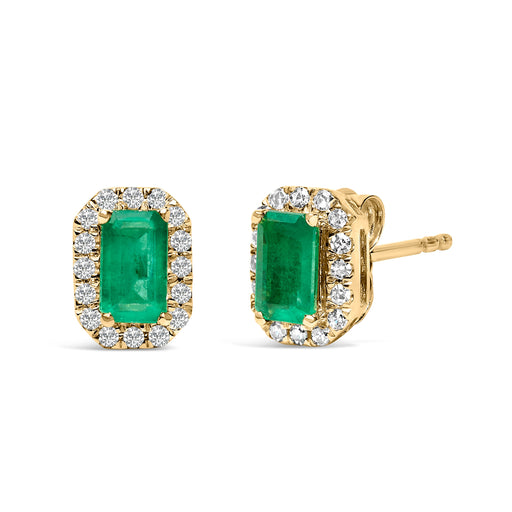 Bids.com 10K Yellow Gold 5x3mm Emerald-Cut Green Emerald and 1/7 Cttw Diamond Halo Octagonal Stud Earrings (I-J Color, I1-I2 Clarity) Earrings